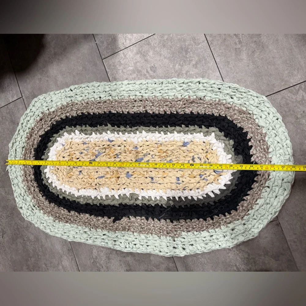 Handmade crocheted rug bathroom kitchen mat 20x34” oval repurposed recycled art